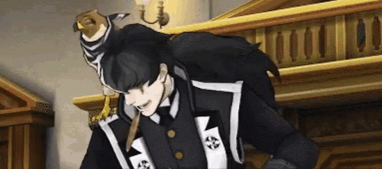 A gif from the 5th Ace Attorney game of Simon Blackquill and his bird, Taka, laughing